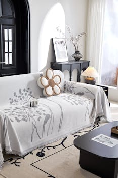 Elegant living room showcasing modern interior design with floral sofa throw.