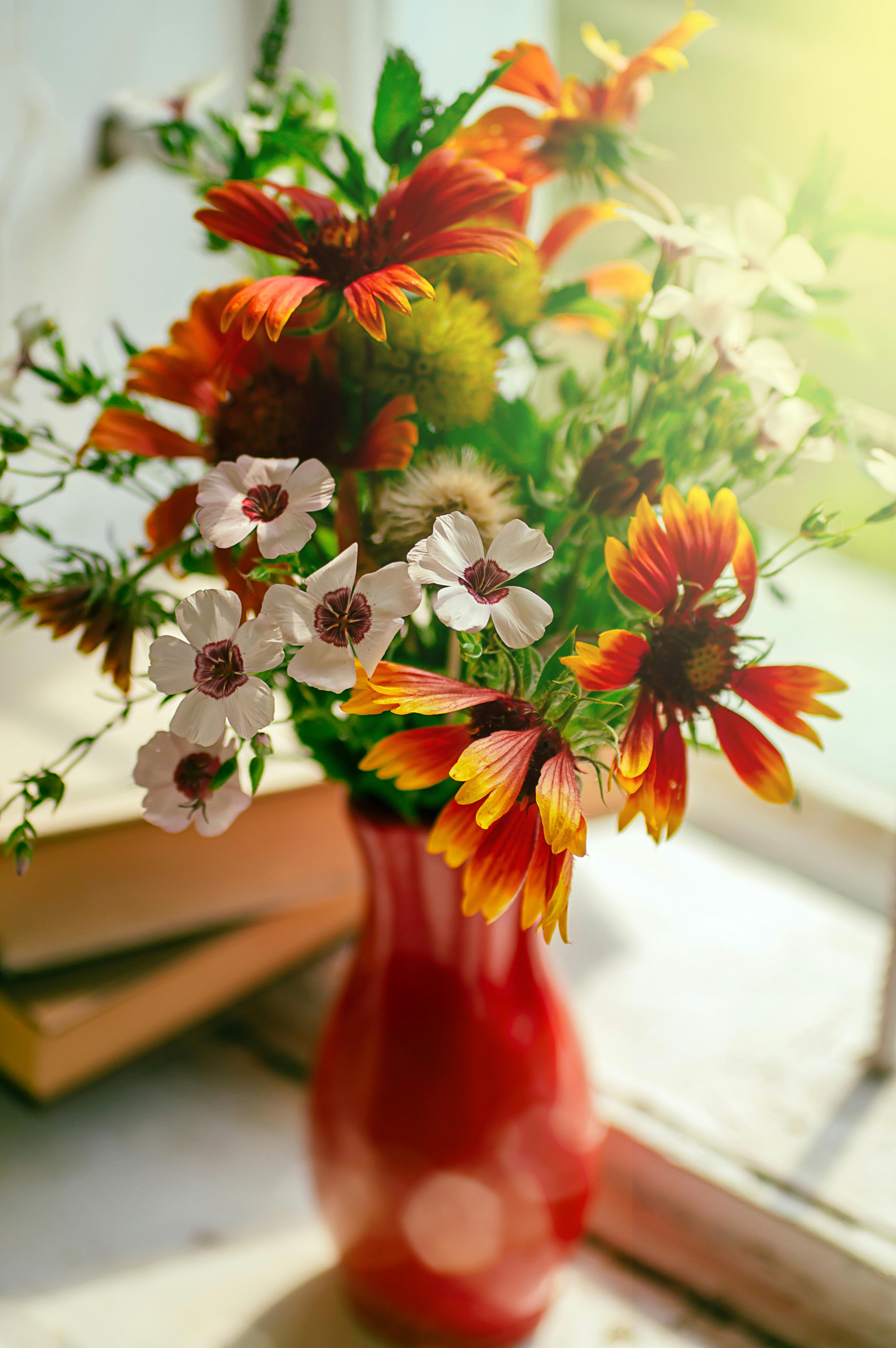 [ColoSach]-a-colorful-summer-bouquet-in-a-red-vase-with-sunlight-streaming-through-a-window.