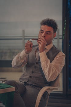 Young businessman in a suit enjoying a cigar inside a stylish setting, creating a leisurely ambiance.