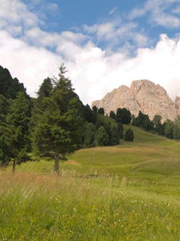 Breathtaking view of mountains and meadows in Santa Cristina Valgardena, Italy.