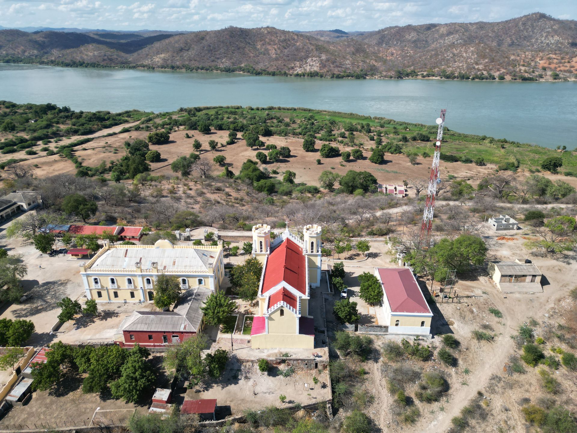 Aerial view of Deghe Church beside the Zambezi River in Tete, Mozambique.