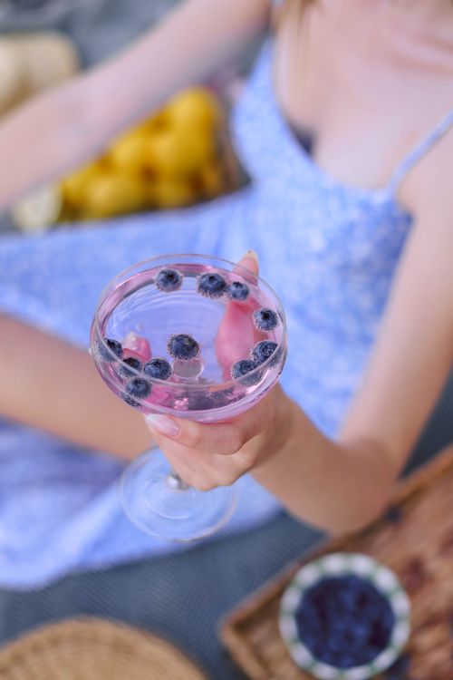 Free Woman holding a refreshing drink with berries on a picnic. Perfect summer lifestyle imagery. Stock Photo