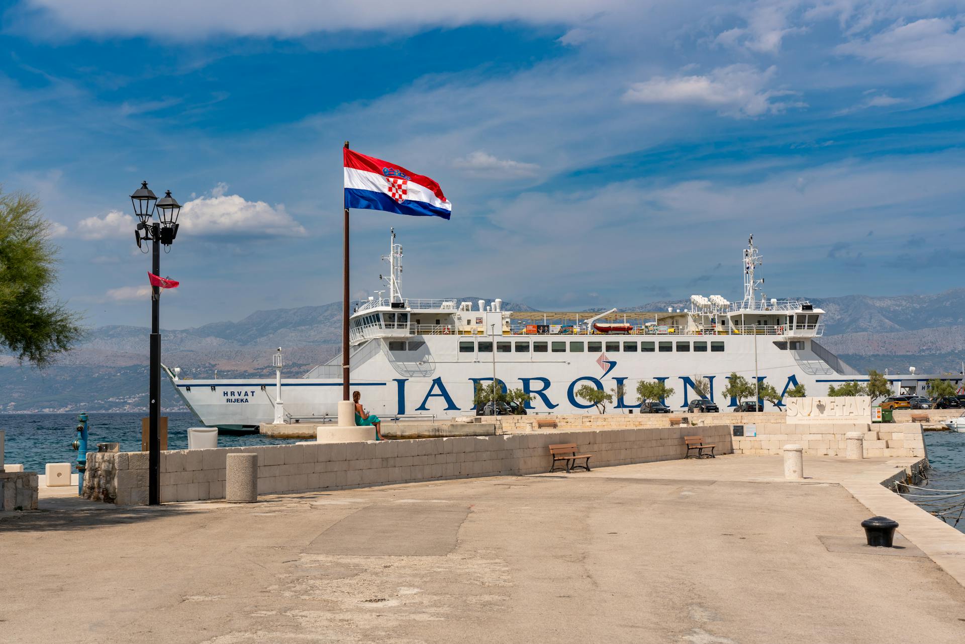 A ferry boat is docked at a pier