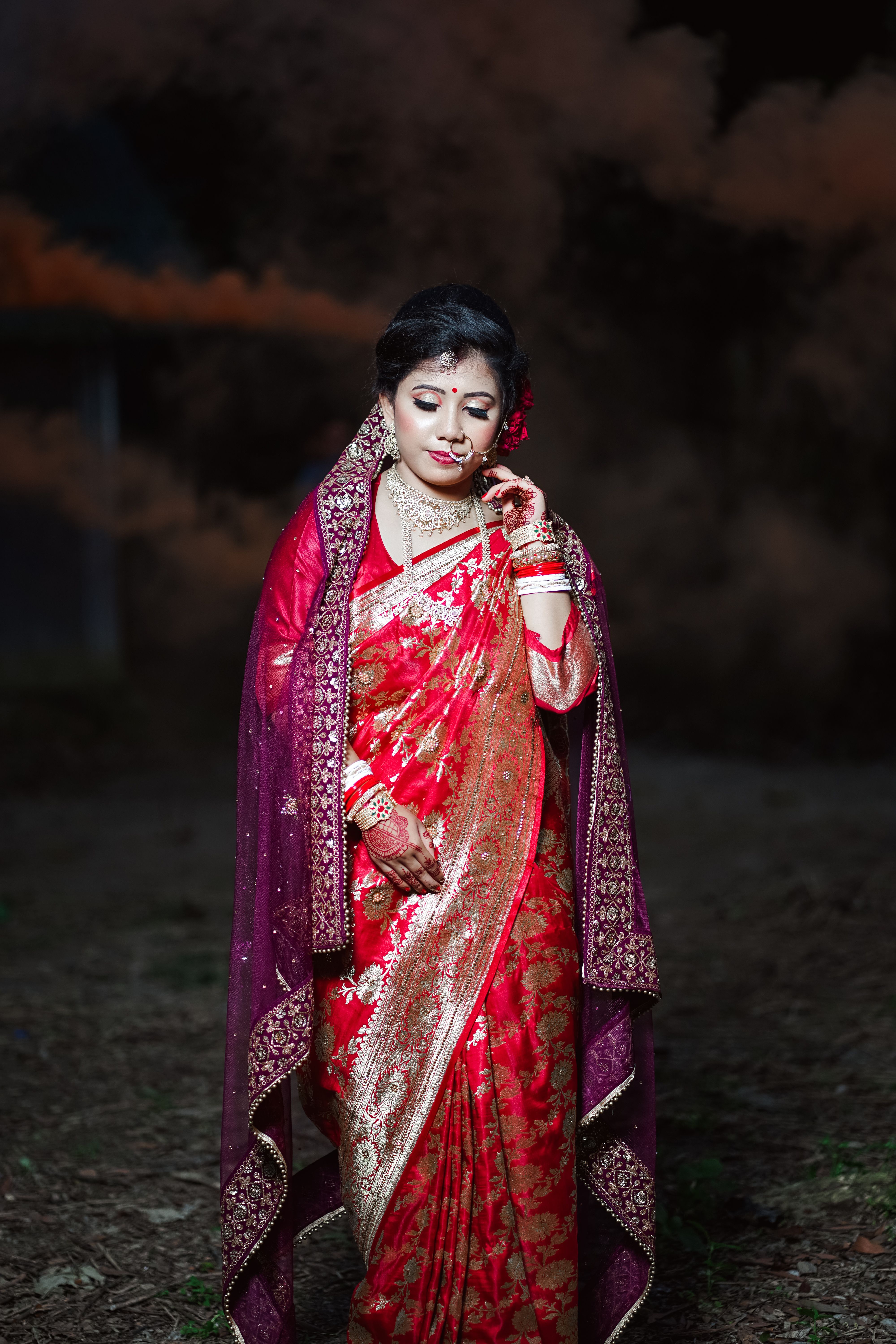 A woman in a red and gold sari · Free Stock Photo