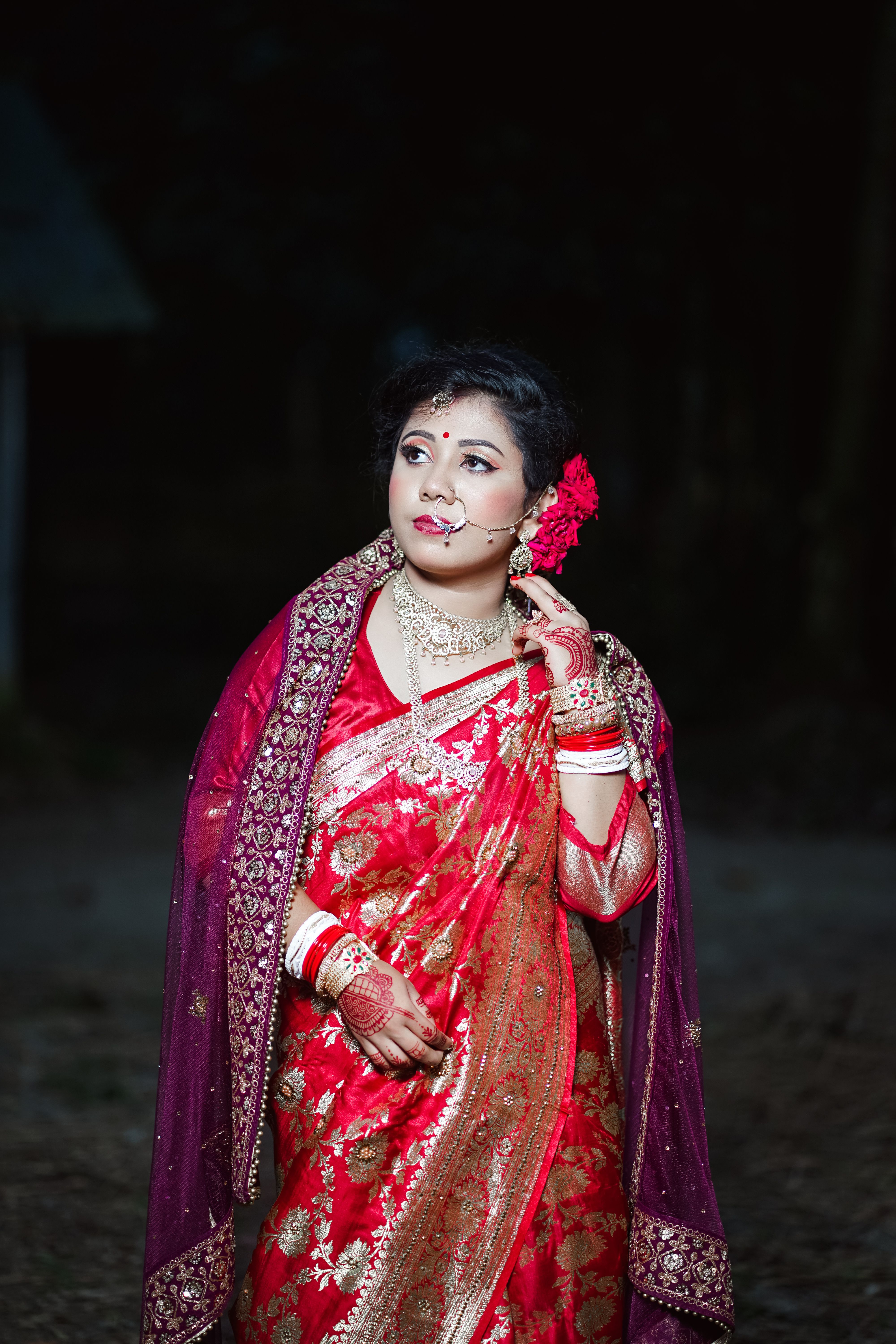 A woman in red and gold sari posing for the camera · Free Stock Photo