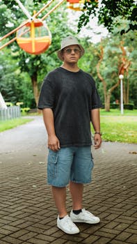 A young man in casual attire poses outdoors in an amusement park.