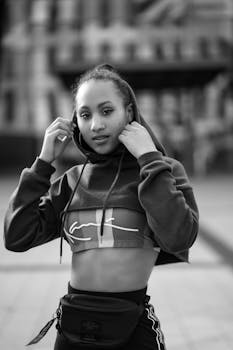 Monochromatic street style photo of a woman posing confidently in an urban setting.