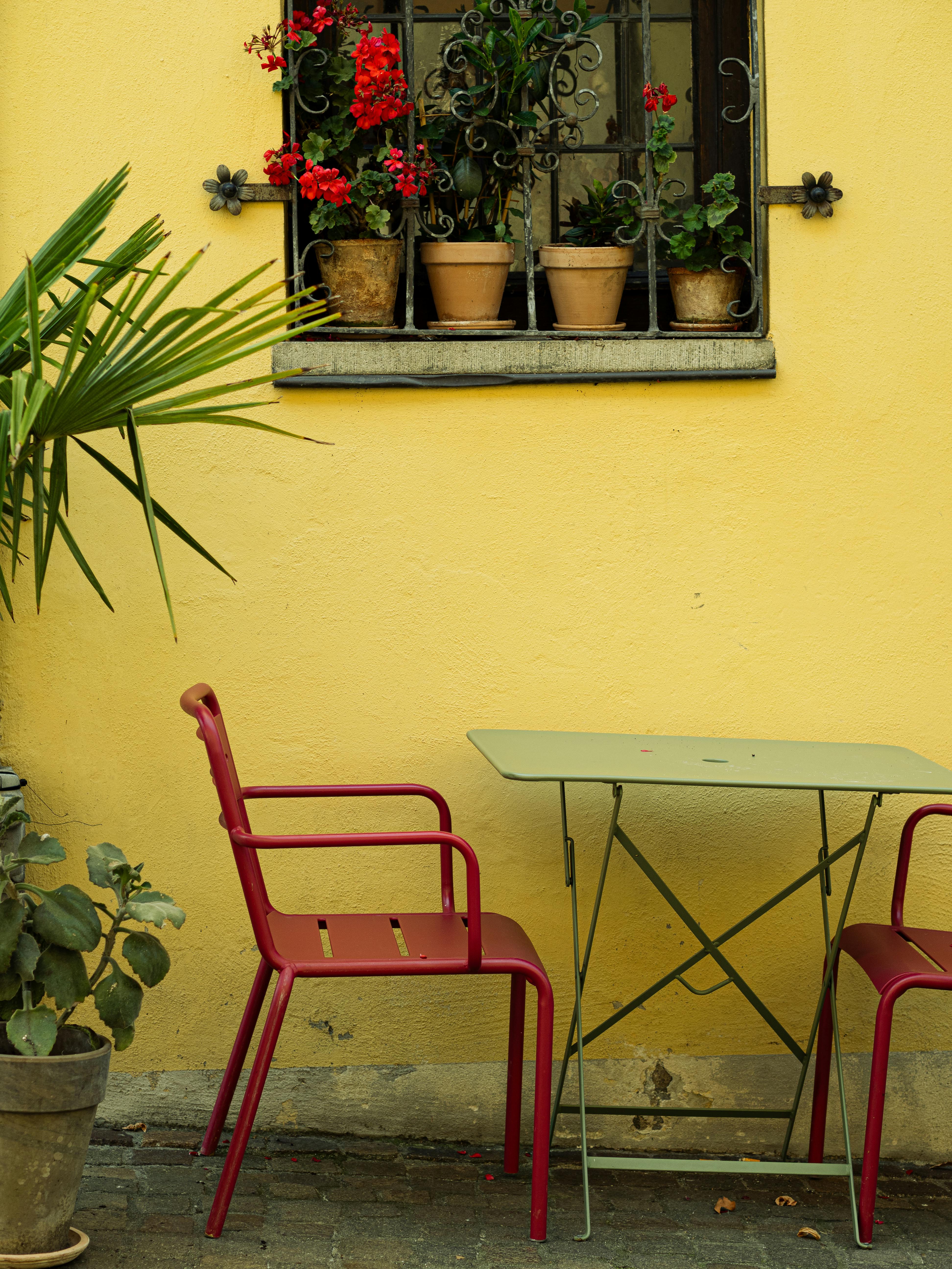 A cozy outdoor patio with red chairs and blooming flowers against a yellow wall.