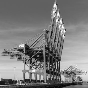 Majestic harbor cranes at Hamburg port captured in stunning black and white.