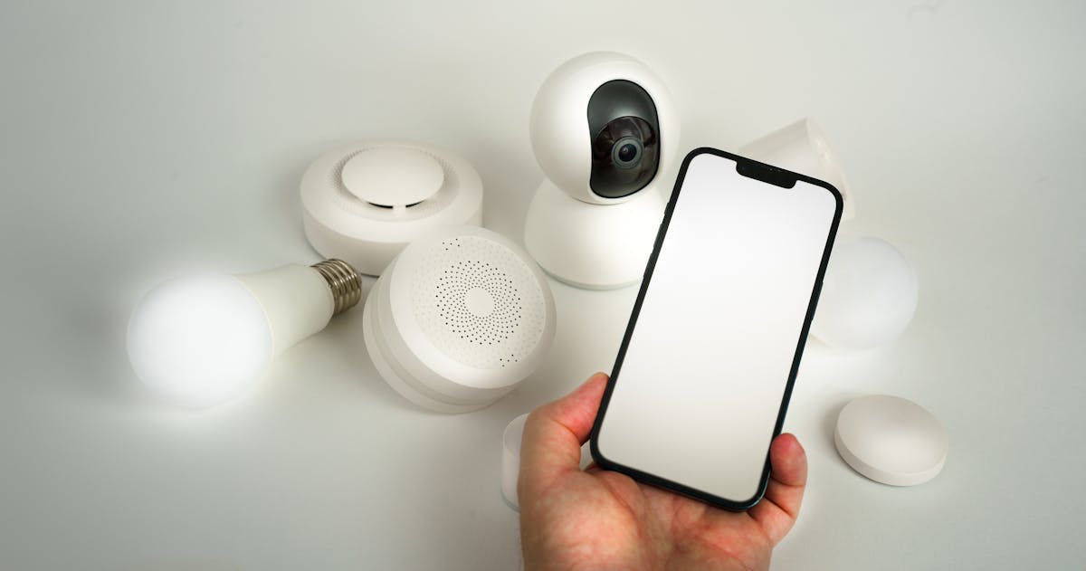 Smartphone che controlla dispositivi smart home su tavolo moderno