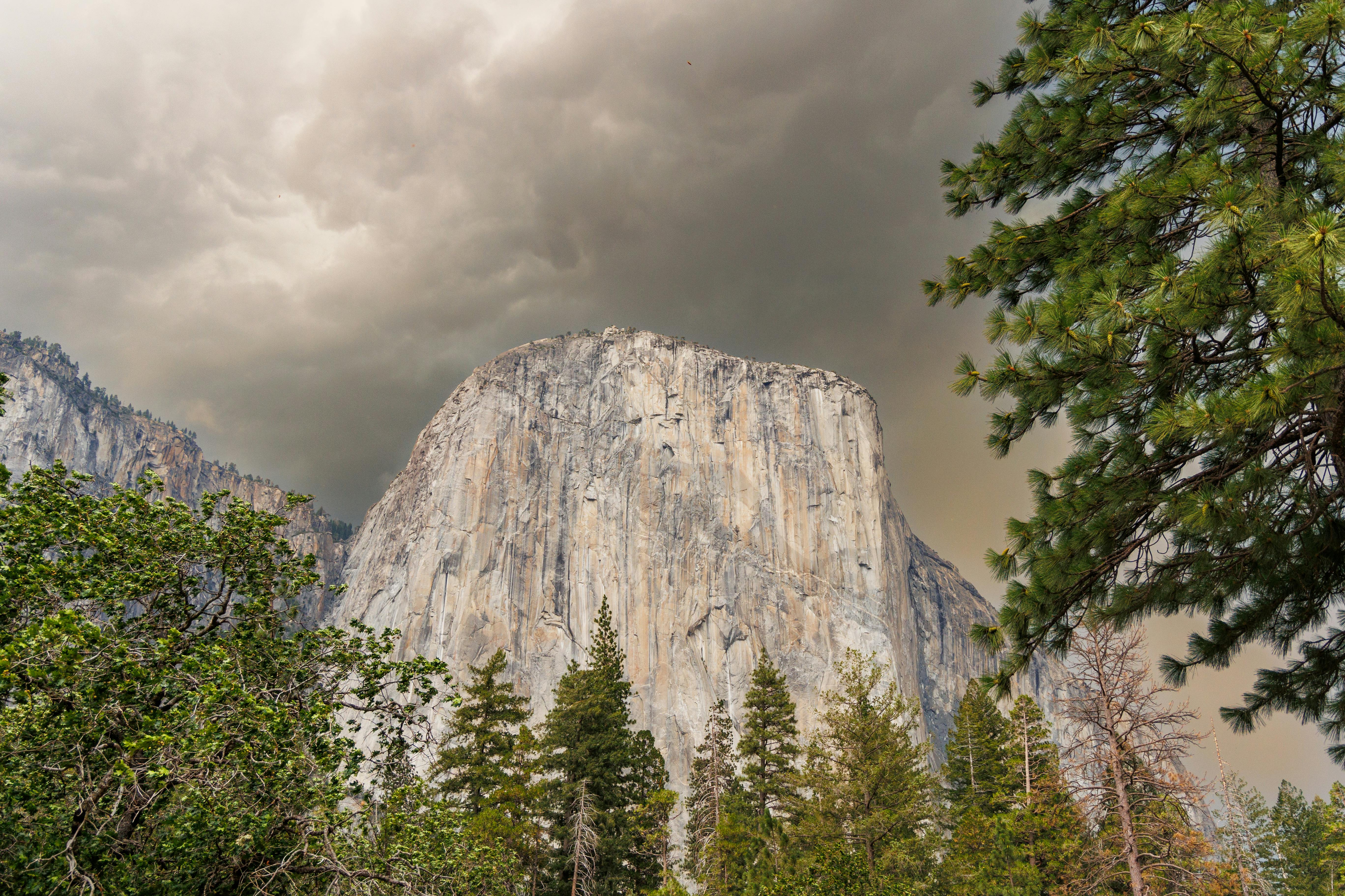 a large mountain with trees and clouds in the background