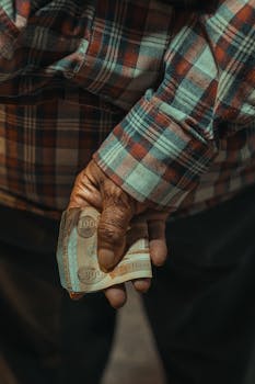 Close-up of an elderly man's hand holding currency notes, wearing a plaid shirt.