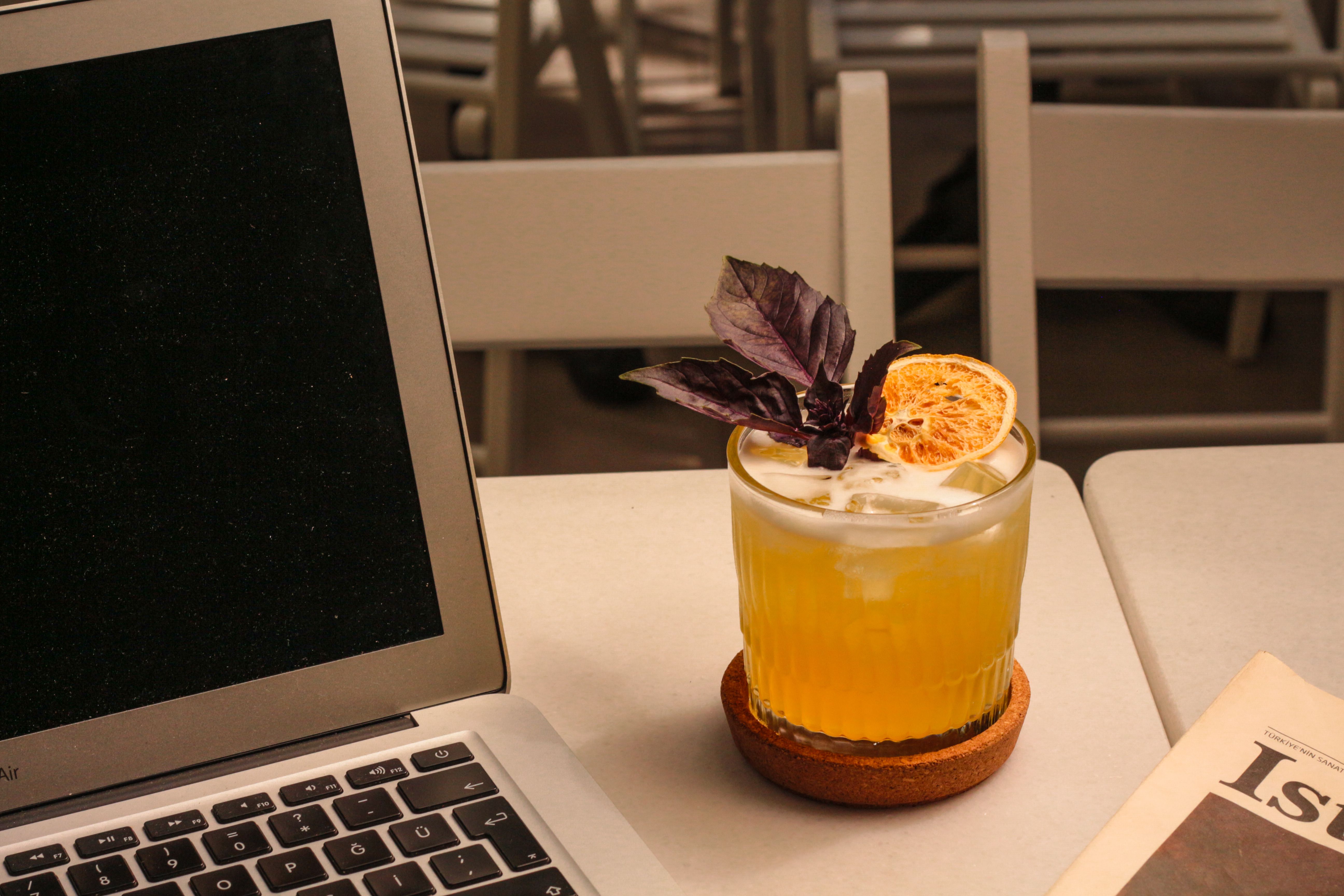 Close-up of cocktail ingredients on a bar counter