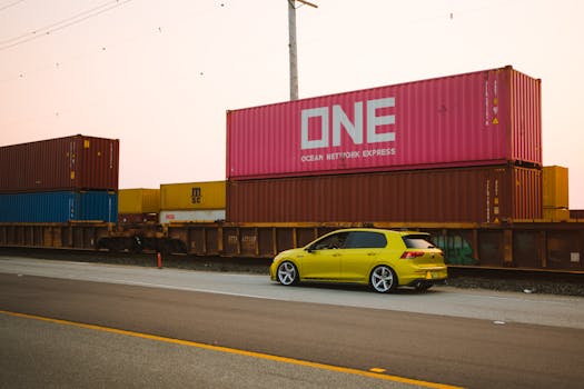 A vibrant yellow car parked next to stacked shipping containers at sunset.