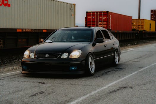 Black sedan parked by cargo containers on a road, reflecting a modern urban setting.