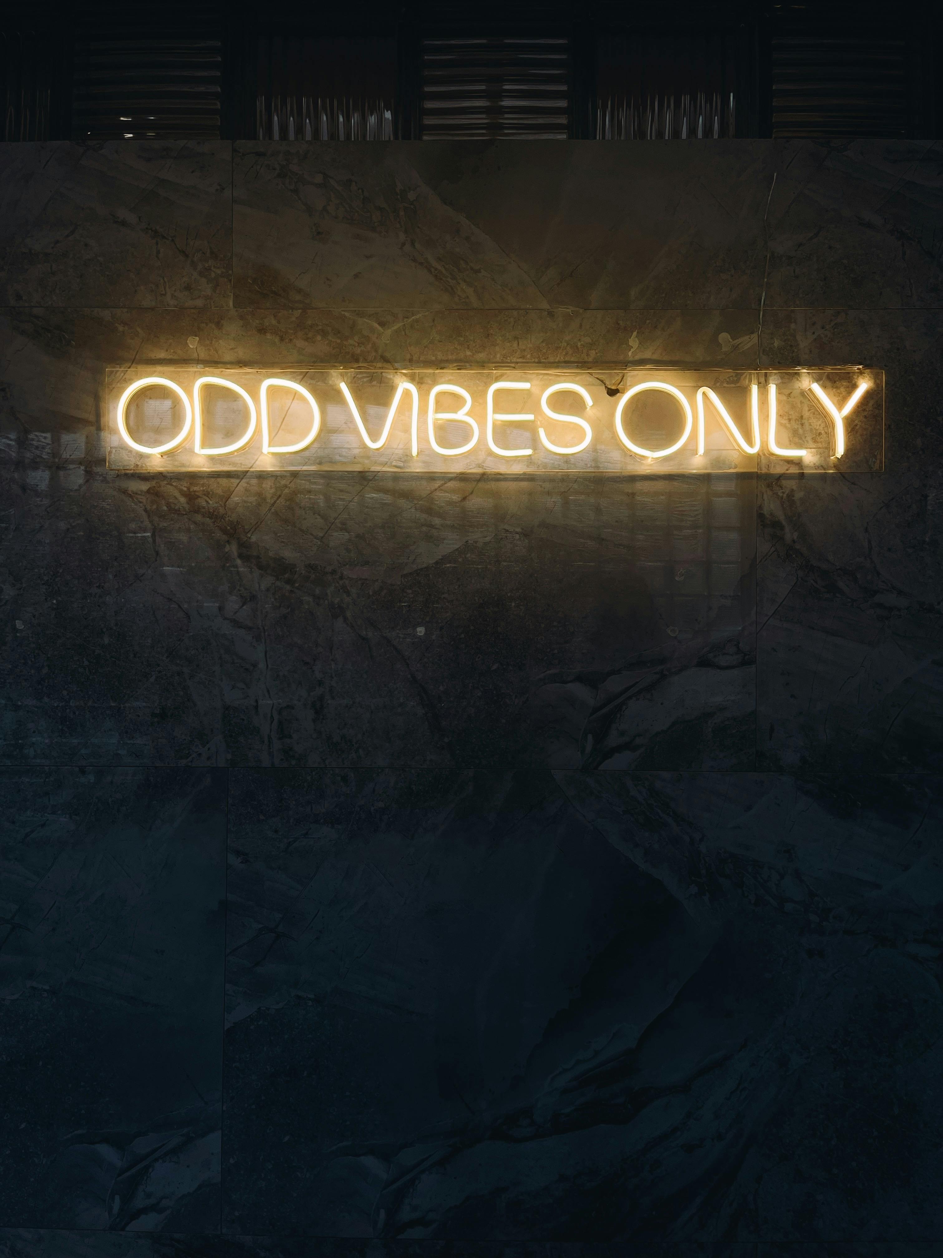 Illuminated neon sign reading 'Odd Vibes Only' on a textured, dark wall, creating a moody atmosphere.