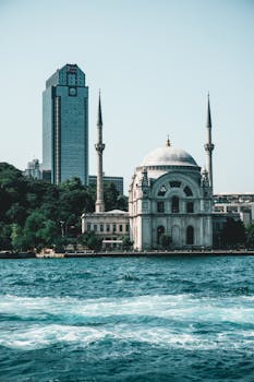 在晴朗的天空下，历史悠久的清真寺与现代城市的天际线在水边构成了一幅风景