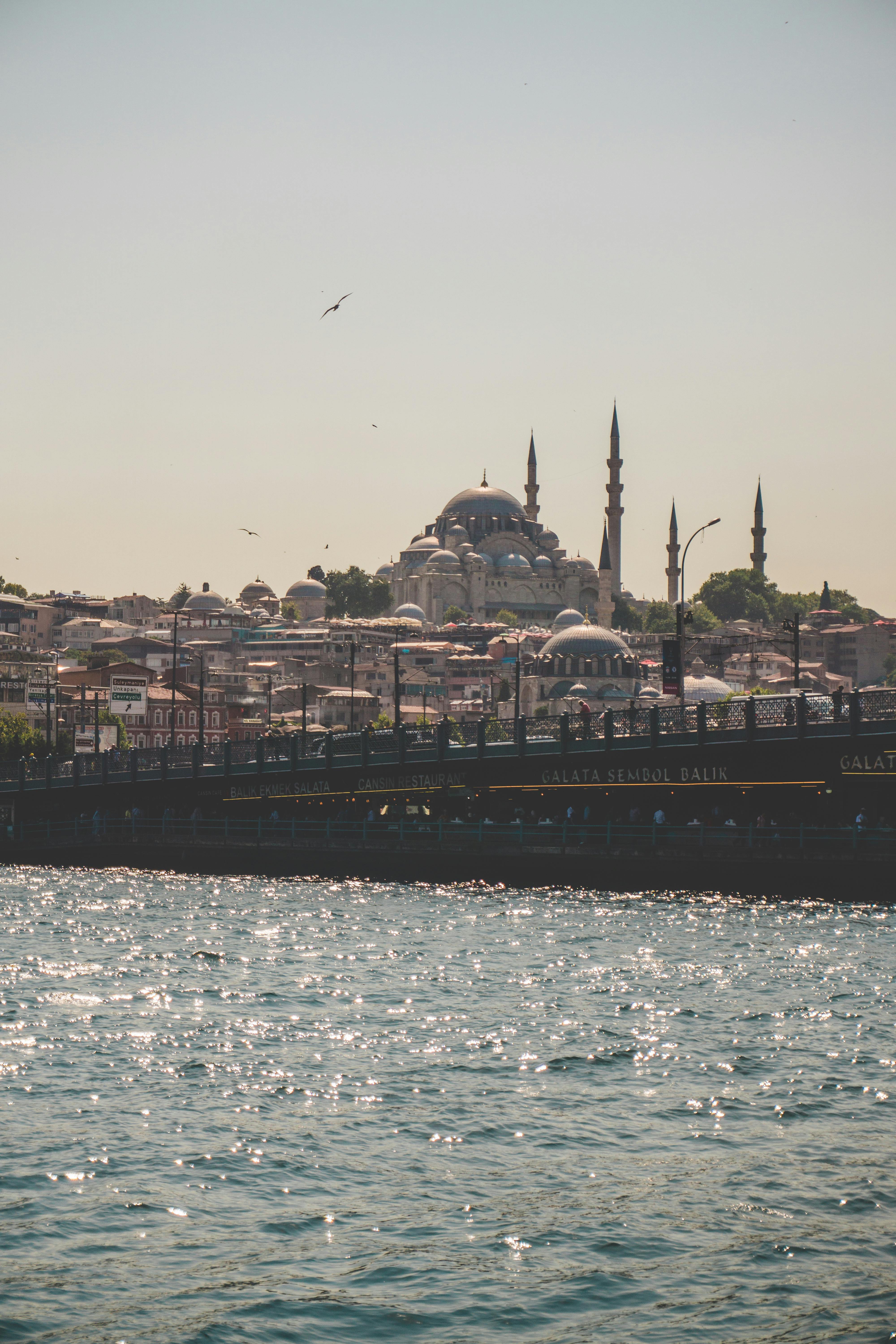 阳光明媚的伊斯坦布尔标志性清真寺前，博斯普鲁斯海峡映入眼帘