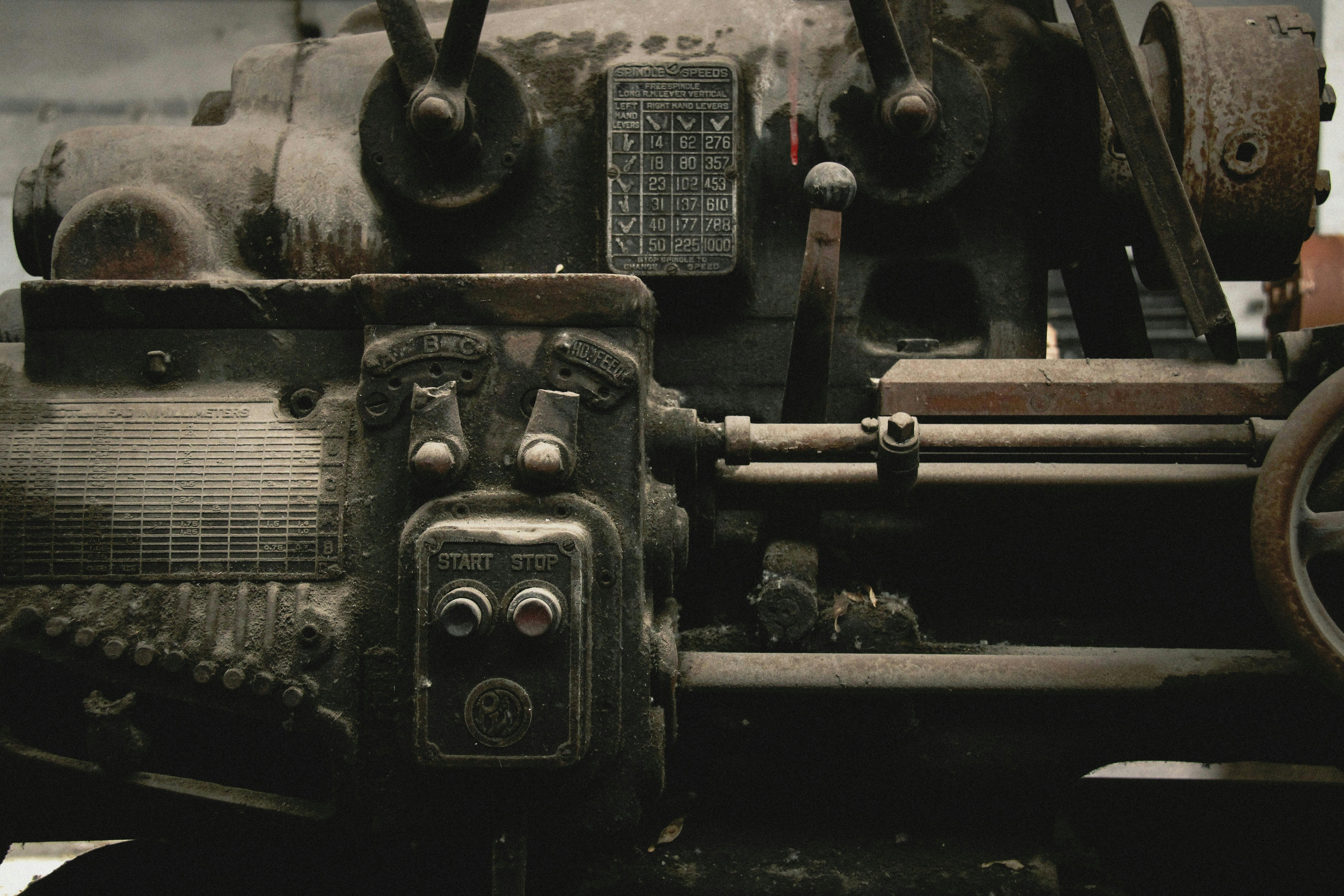 Close-up of a vintage industrial machine showcasing levers and buttons in Kayseri, Türkiye.