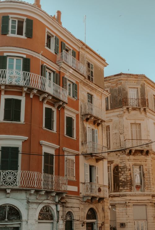 Free Captivating view of vintage architecture in Corfu, Greece showcasing historic buildings and unique facade designs. Stock Photo