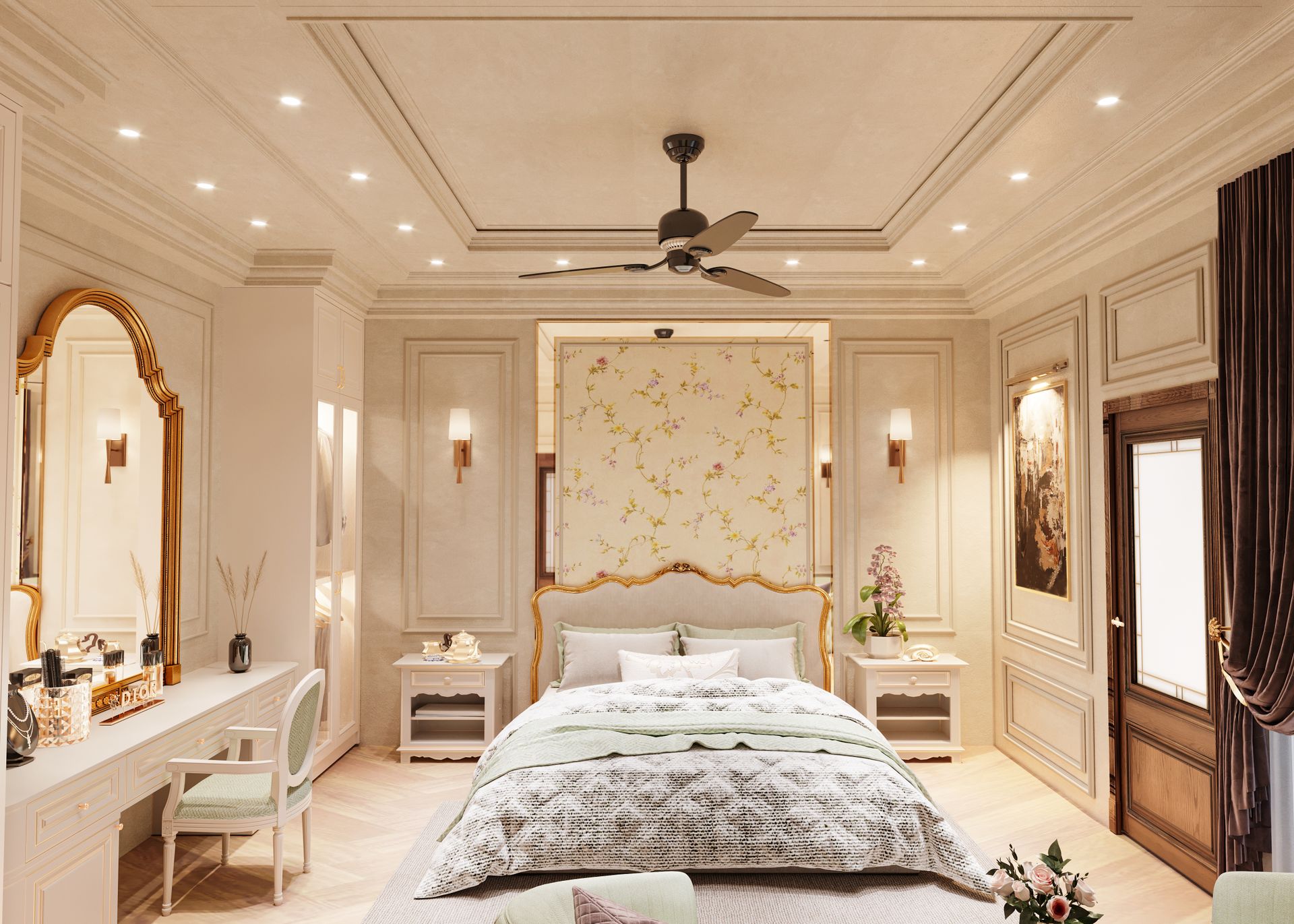 A bedroom with a bed, a ceiling fan and a mirror
