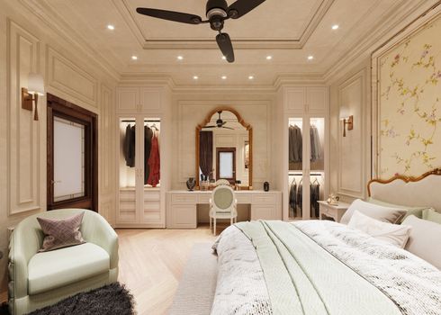 Luxurious bedroom with elegant decor, featuring a king-sized bed, modern furnishings, and soft lighting.