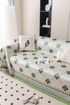 Stylish contemporary living room featuring a floral-patterned sofa cover and cozy decor.