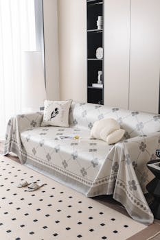 Sleek living room with a floral-patterned sofa cover, perfect for modern interiors.