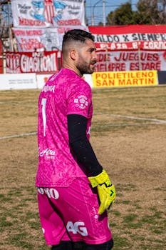 Goalkeeper in pink jersey standing on soccer field with colorful banners.