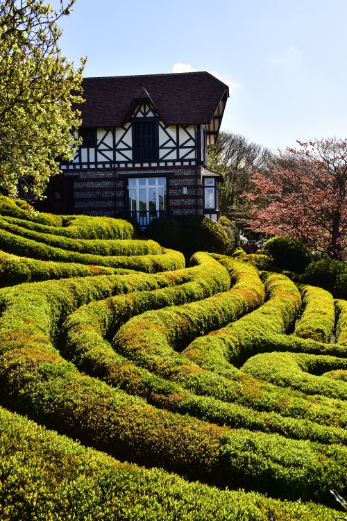 Free Picturesque cottage with beautifully sculpted gardens in Normandy, France. Stock Photo