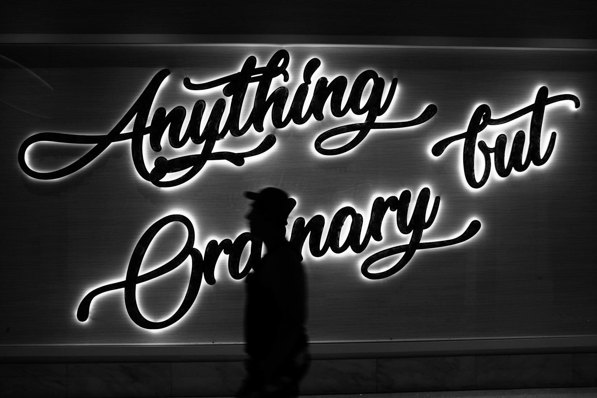 Silhouette walk by 'Anything but Ordinary' neon sign in Las Vegas at night.