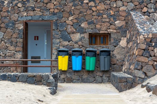 Four colorful trash bins against a rustic stone wall, an outdoor scene promoting recycling.