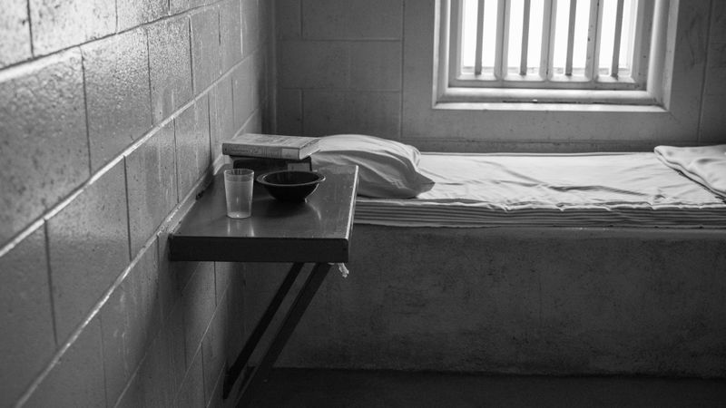Black and white image of a minimalist prison cell with a bed, table, and window.