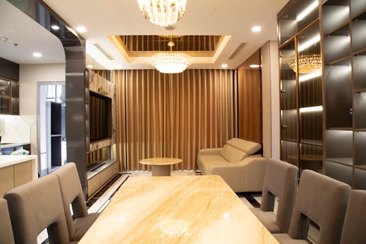 A spacious, luxurious living room featuring modern furnishings and elegant lighting, creating a comfortable ambiance.