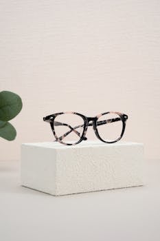 Elegant eyeglasses resting on a white textured block with minimalist design elements.