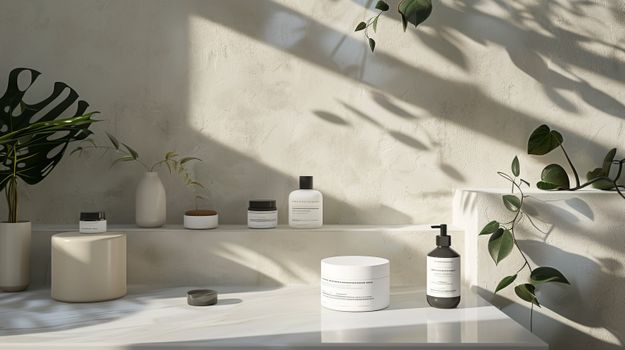 Minimalist bathroom setup with natural elements and soft lighting creating a serene atmosphere.