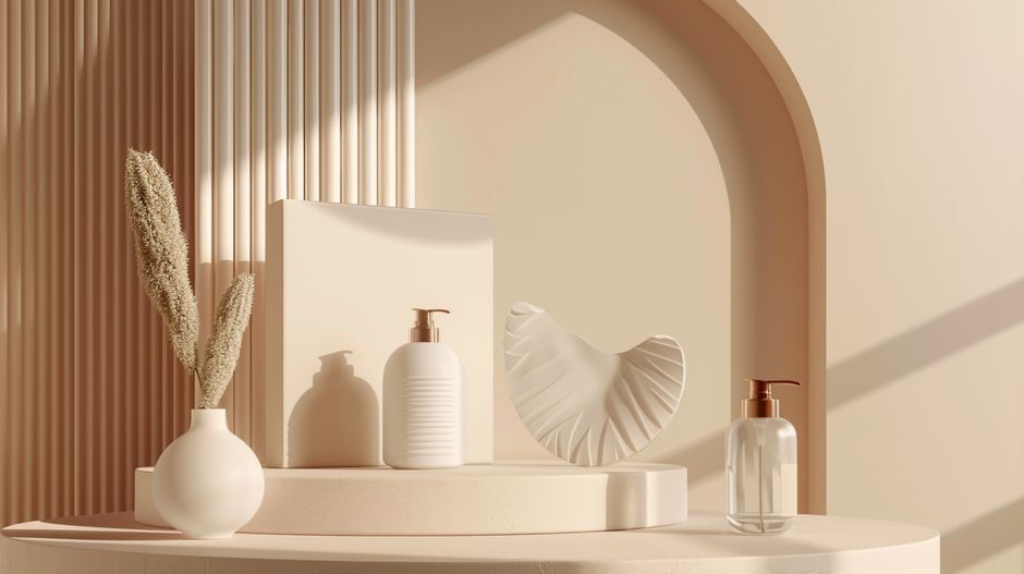 Elegant minimalist bathroom decor featuring beige tones, vases, and bottles for luxury interior design.