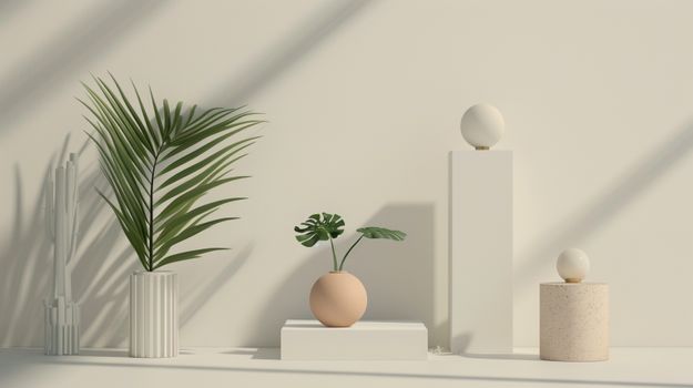 Elegant minimalist interior design featuring contemporary plant arrangements and geometric forms.