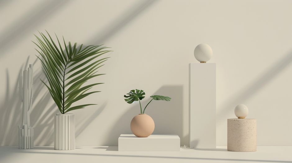 Elegant minimalist interior design featuring contemporary plant arrangements and geometric forms.