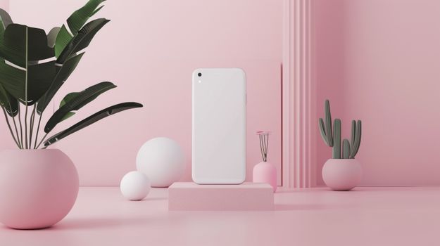 Stylish minimalist setup featuring a white smartphone in a pink-themed room with plants and geometric decor.