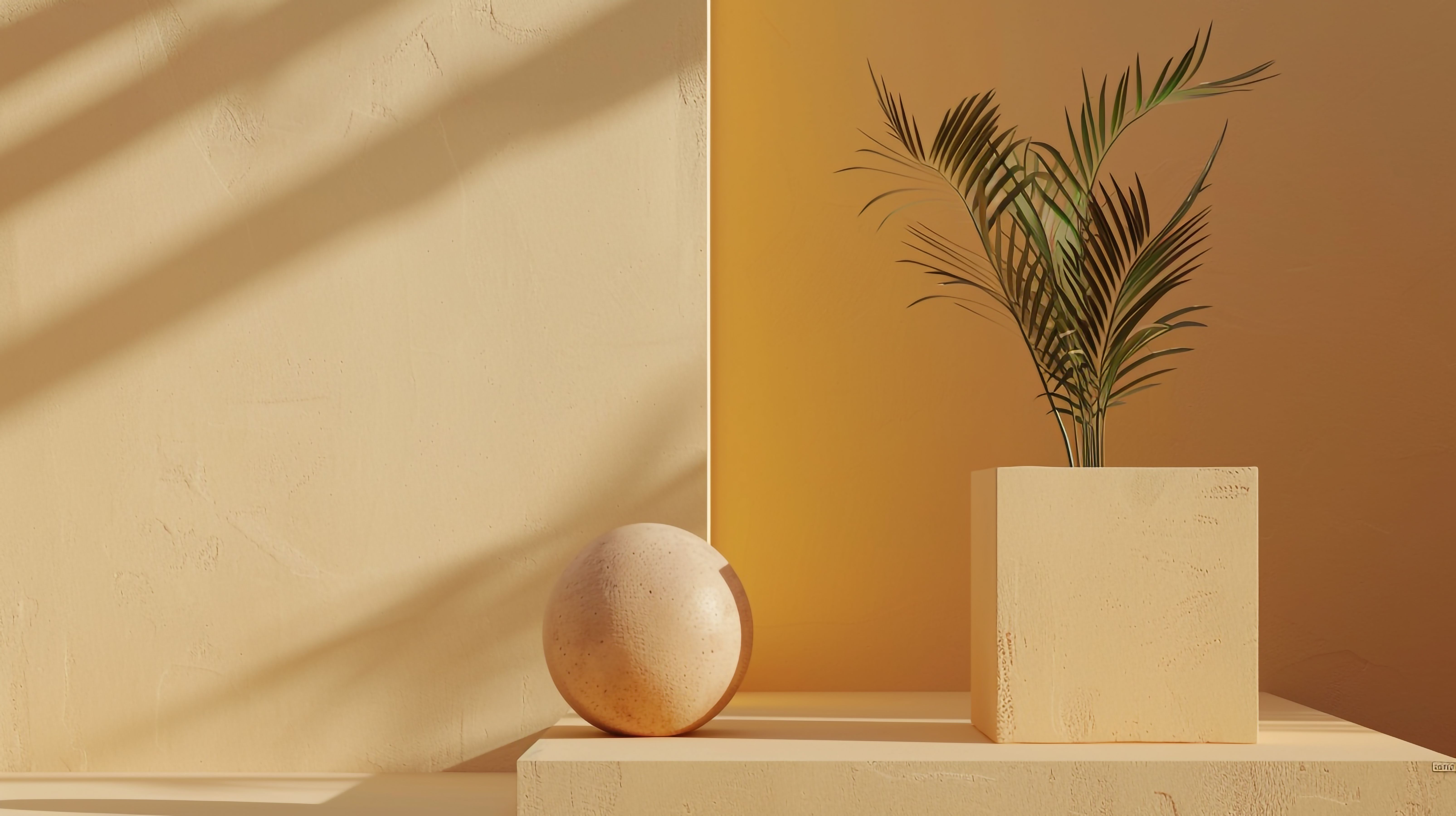 Warm minimalist interior with a plant and sphere on a textured surface.