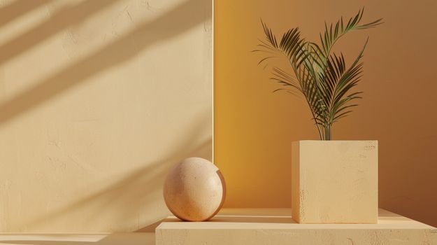 Warm minimalist interior with a plant and sphere on a textured surface.