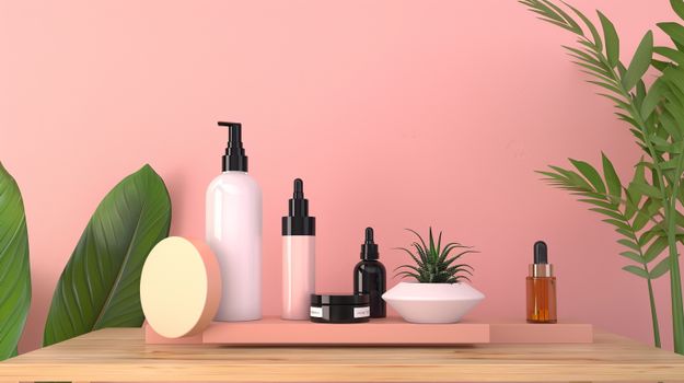 Chic arrangement of spa and beauty products on wooden surface with pink background. - Fotografer Sidoarjo