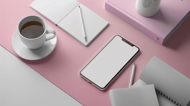 A stylish modern workspace featuring a blank smartphone, coffee, and stationery on a pink background.