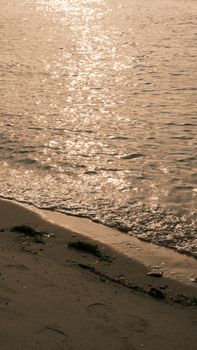Tranquil shoreline with gentle waves and sunlight reflection, perfect for beach and travel themes.
