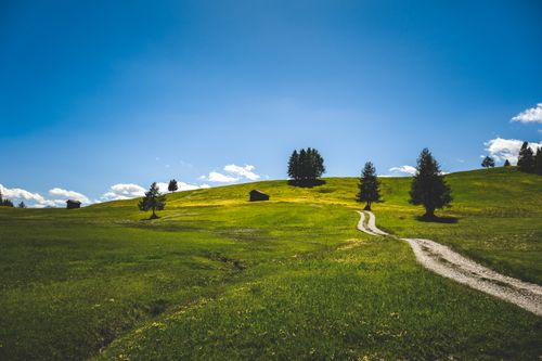 Free Peaceful countryside view featuring green rolling hills, trees, and a blue sky. Stock Photo