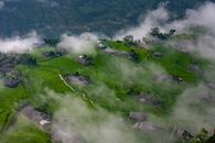 雾中，郁郁葱葱的水稻梯田展现出一幅令人惊叹的空中美景，尽显乡村之美