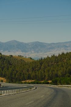 Curving highway through lush forests with mountain backdrop under clear skies.