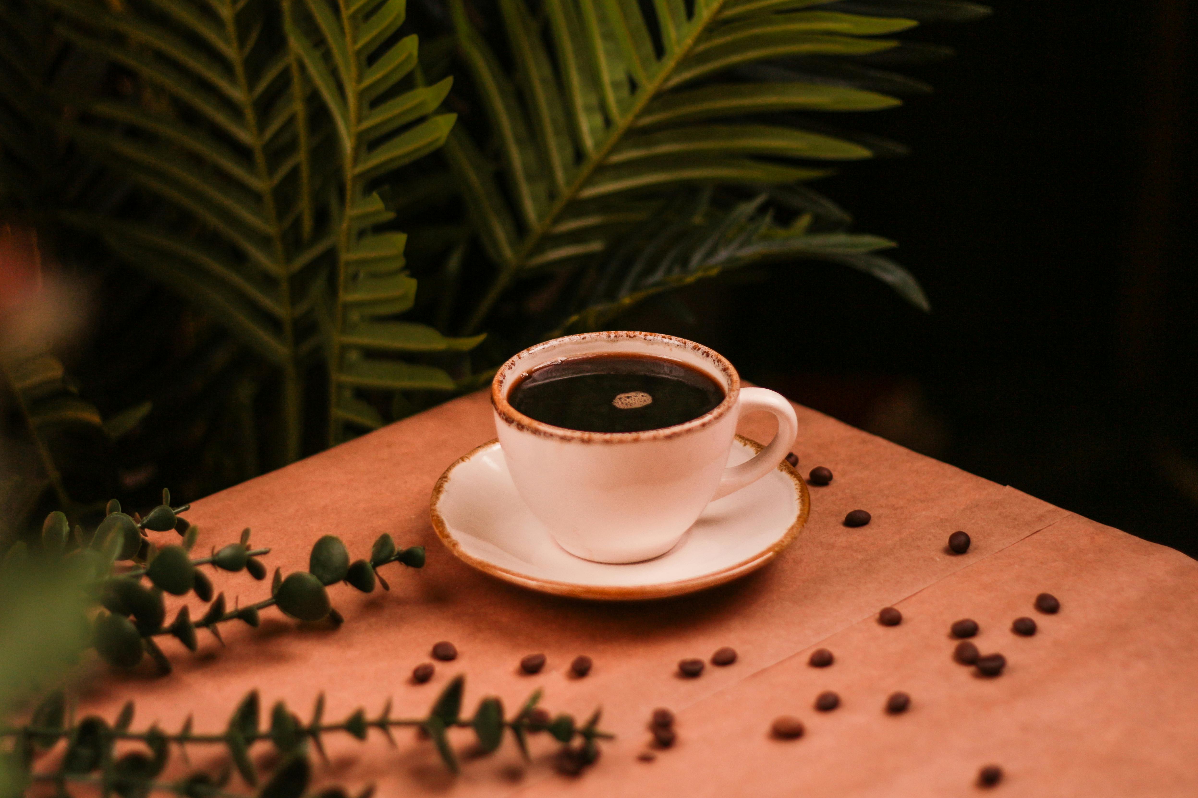 Roasted coffee beans on table beside a steaming cup