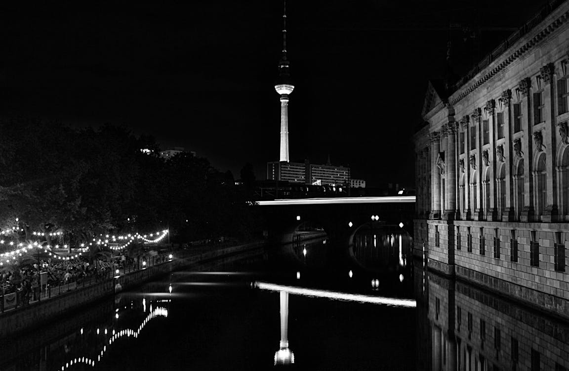Grayscale Photo of City at Night